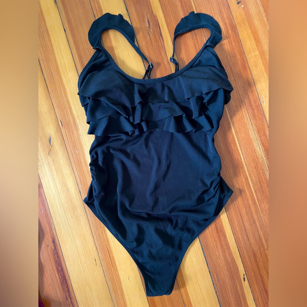 Maternity Black Ruffled One-Piece Swimsuit Size L